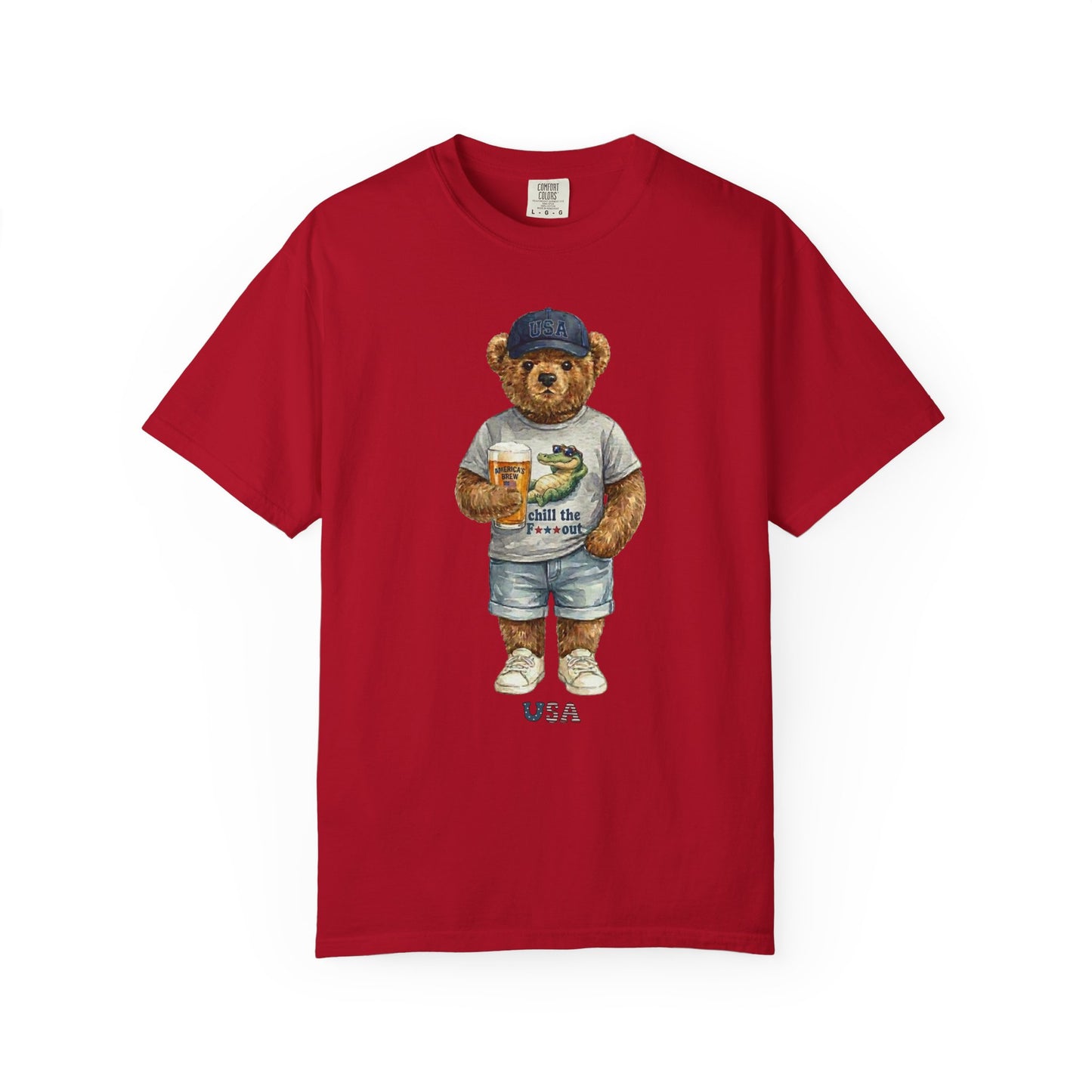 Red t-shirt with a bear graphic holding a beer mug on a white background