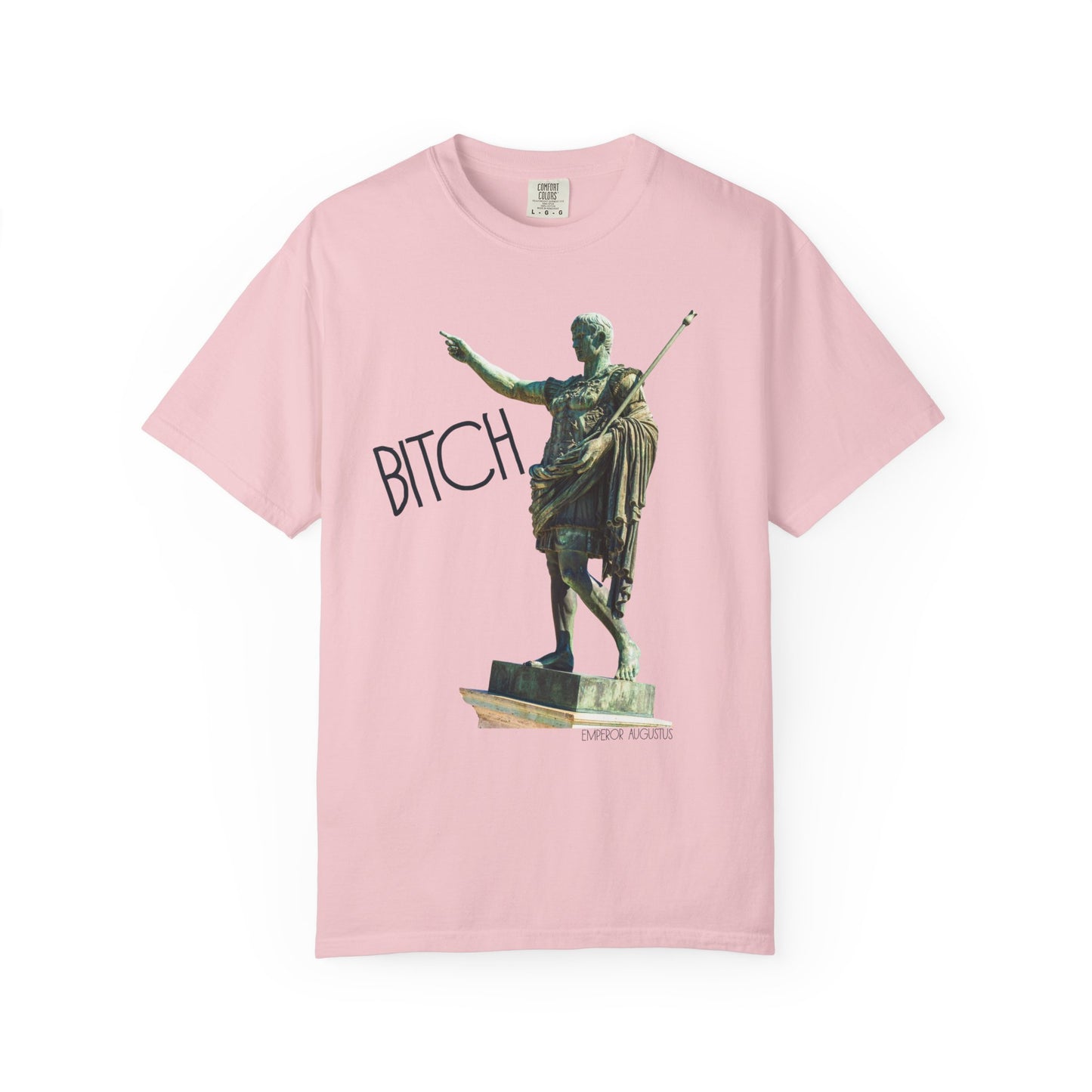 blossom t-shirt with a graphic of a statue pointing and the word 'Bitch' on a white background 