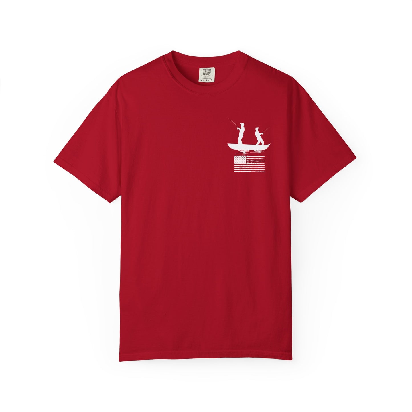 Fishing Flag T-Shirt in red color— American flag fishing graphic tee, front view