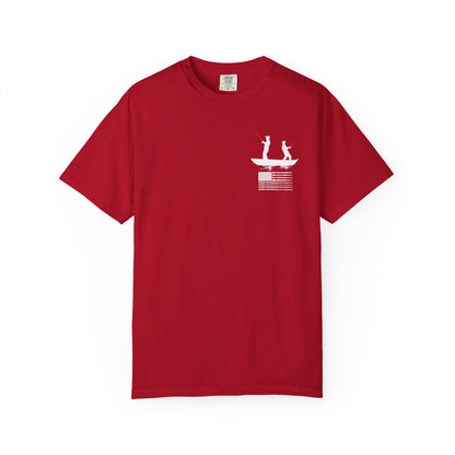 Fishing Flag T-Shirt in red color— American flag fishing graphic tee, front view