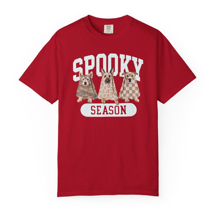 Spooky Season tee in Red — dogs in ghost costumes Halloween graphic, garment dyed heavyweight cotton