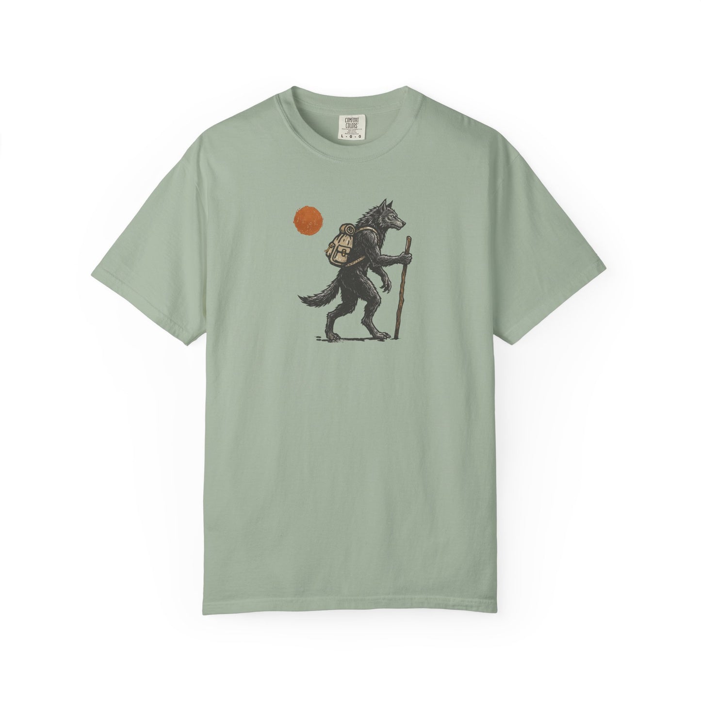 Hiking Wolf graphic t-shirt in Bay— werewolf with backpack and walking stick print on garment-dyed heavyweight cotton tee.
