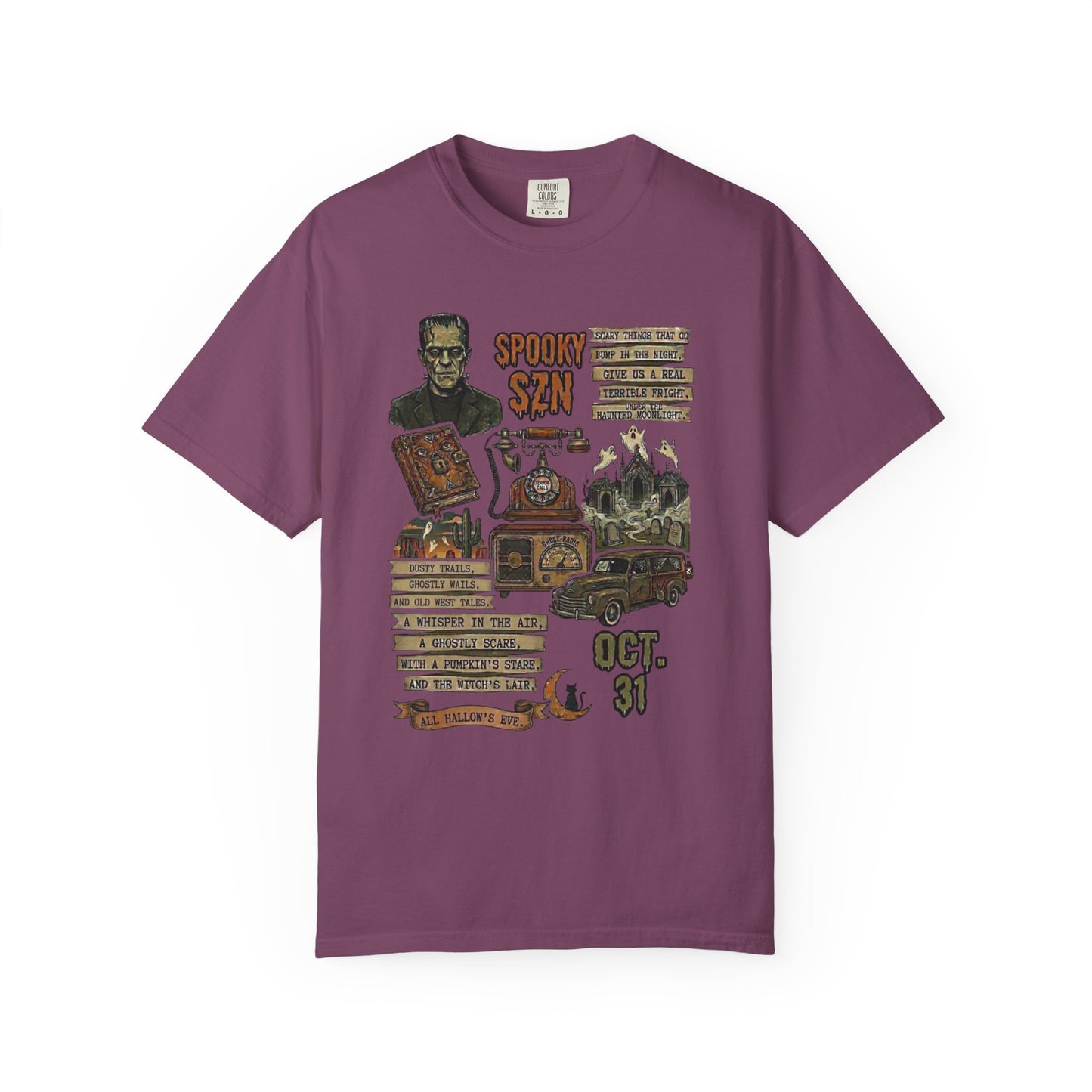Spooky Season Graphic T-Shirt in Berry— bold Halloween graphic tee, vintage haunted carnival garment dyed