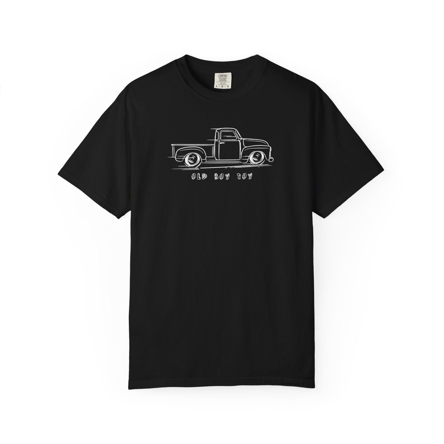black t-shirt with graphic of a vintage truck text  says old boy toy on a white background