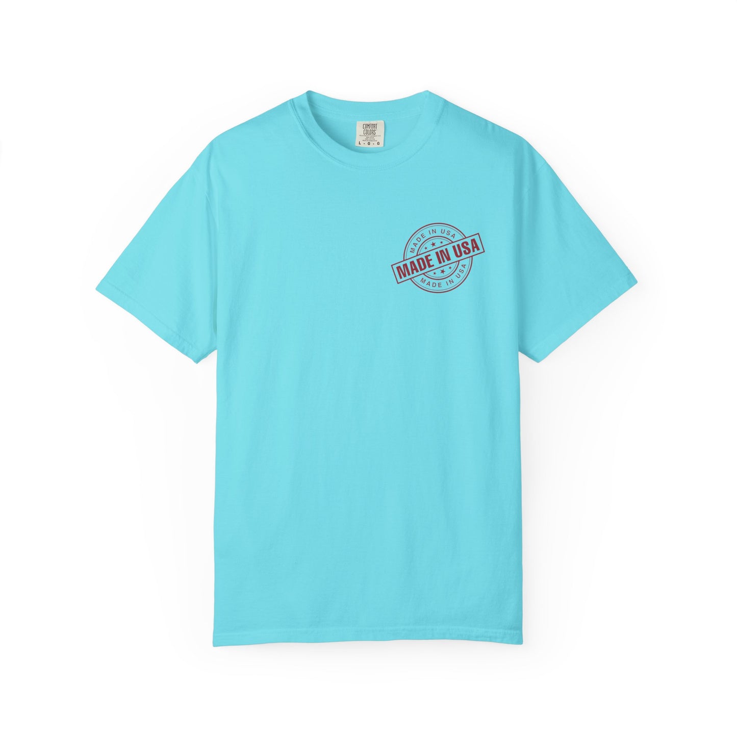 lagoon blue t shirt with eagle and flag design and 'Made in USA' stamp on a white background