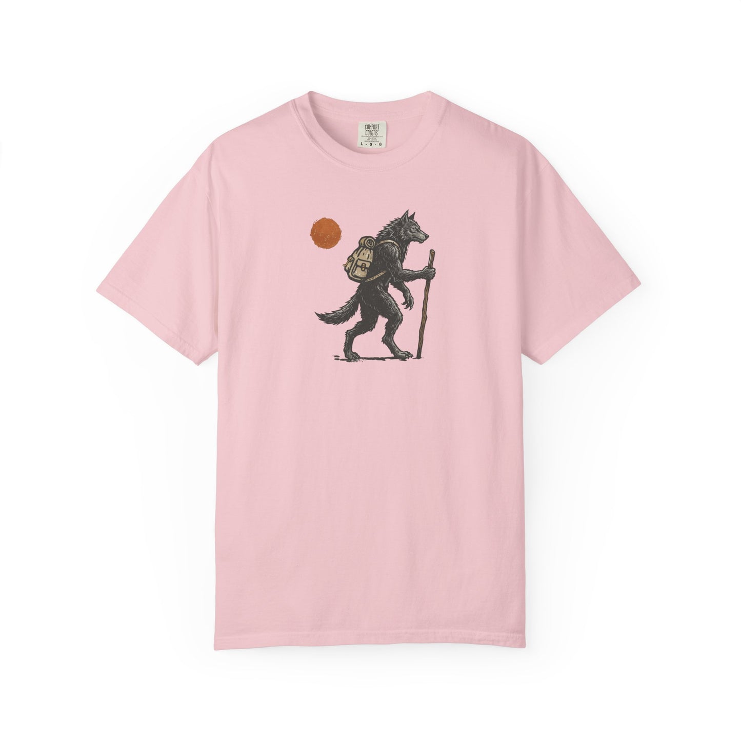 Hiking Wolf graphic t-shirt in Blossom — werewolf with backpack and walking stick print on garment-dyed heavyweight cotton tee.