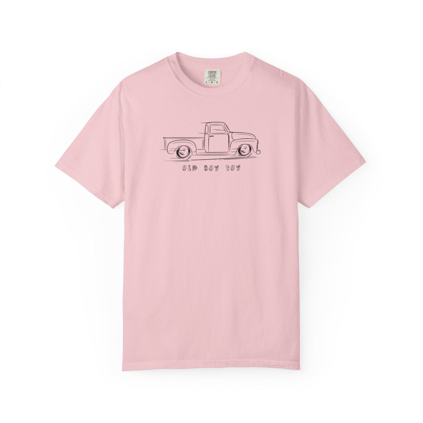 blossom t-shirt with graphic of a vintage truck text  says old boy toy on a white background