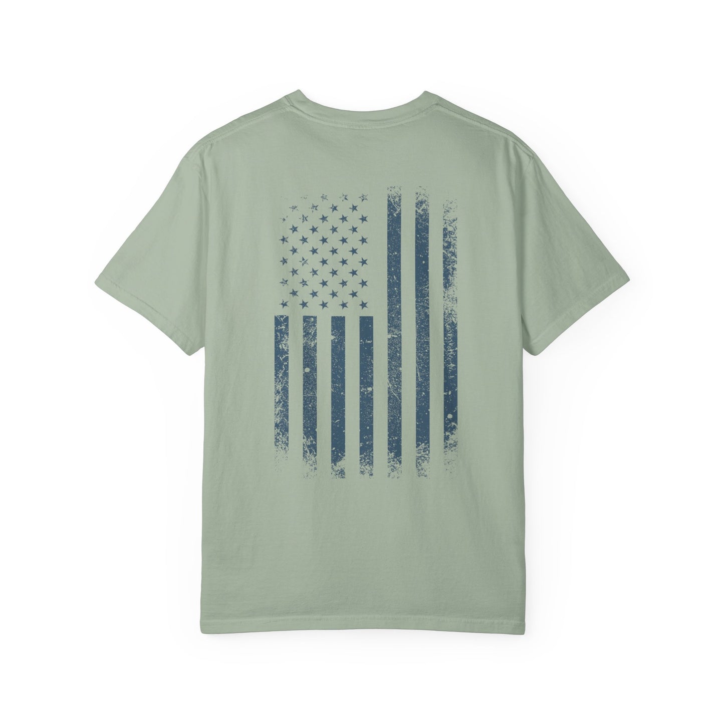 bay t-shirt with blue graphic design  of soldiers and a flag on front and back 
