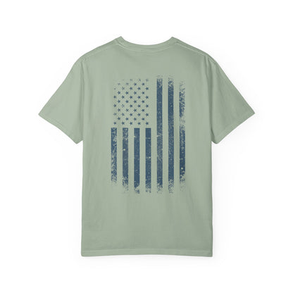 bay t-shirt with blue graphic design  of soldiers and a flag on front and back 