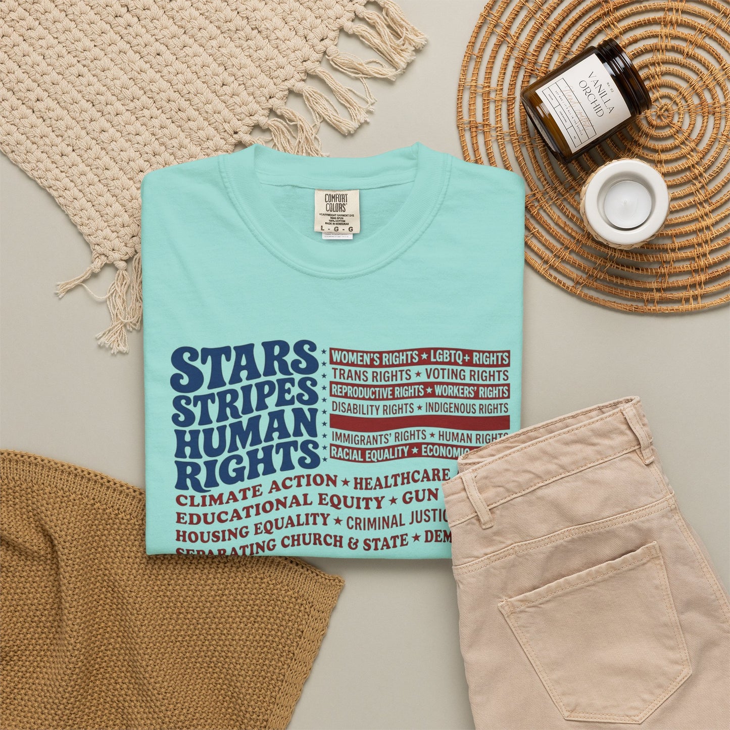 Chalky Mint garment-dyed Stars & Stripes Human Rights T-Shirt, patriotic social justice graphic tee in heavyweight ring-spun cotton