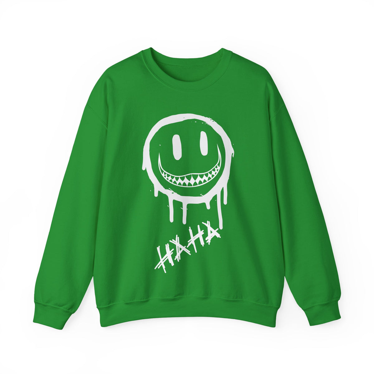 A crewneck sweatshirt in Irish Green with a white dripping smiley face graphic and the word 'HAHA' printed on the front, displayed against a plain white background.