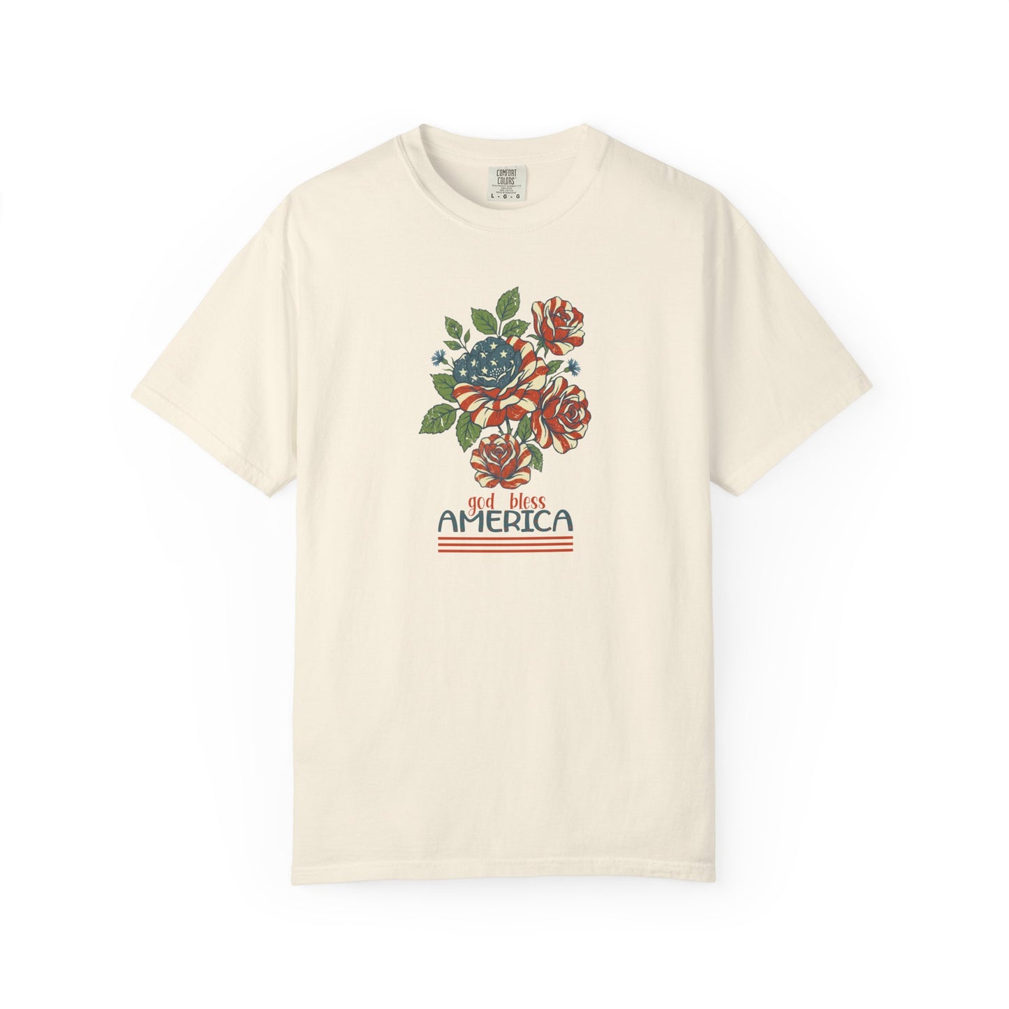 Ivory garment-dyed t-shirt with patriotic floral God Bless America graphic on chest