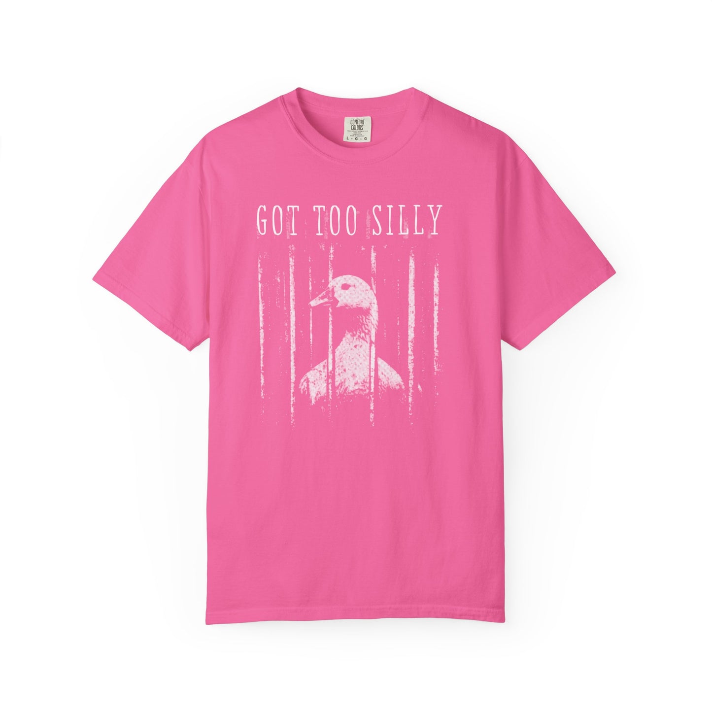 Crunchberry  t-shirt with a graphic of a goose and text 'GOT TOO SILLY' on a light gray background