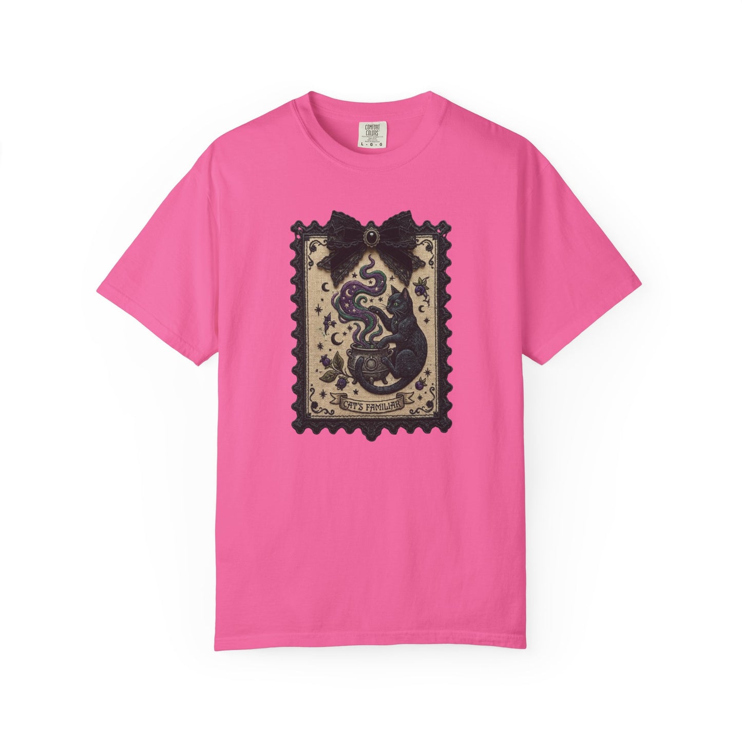 Vintage Black Cat Faux Tarot Stamp T-Shirt in Neon Pink — faux tarot stamp print, soft garment dyed tee