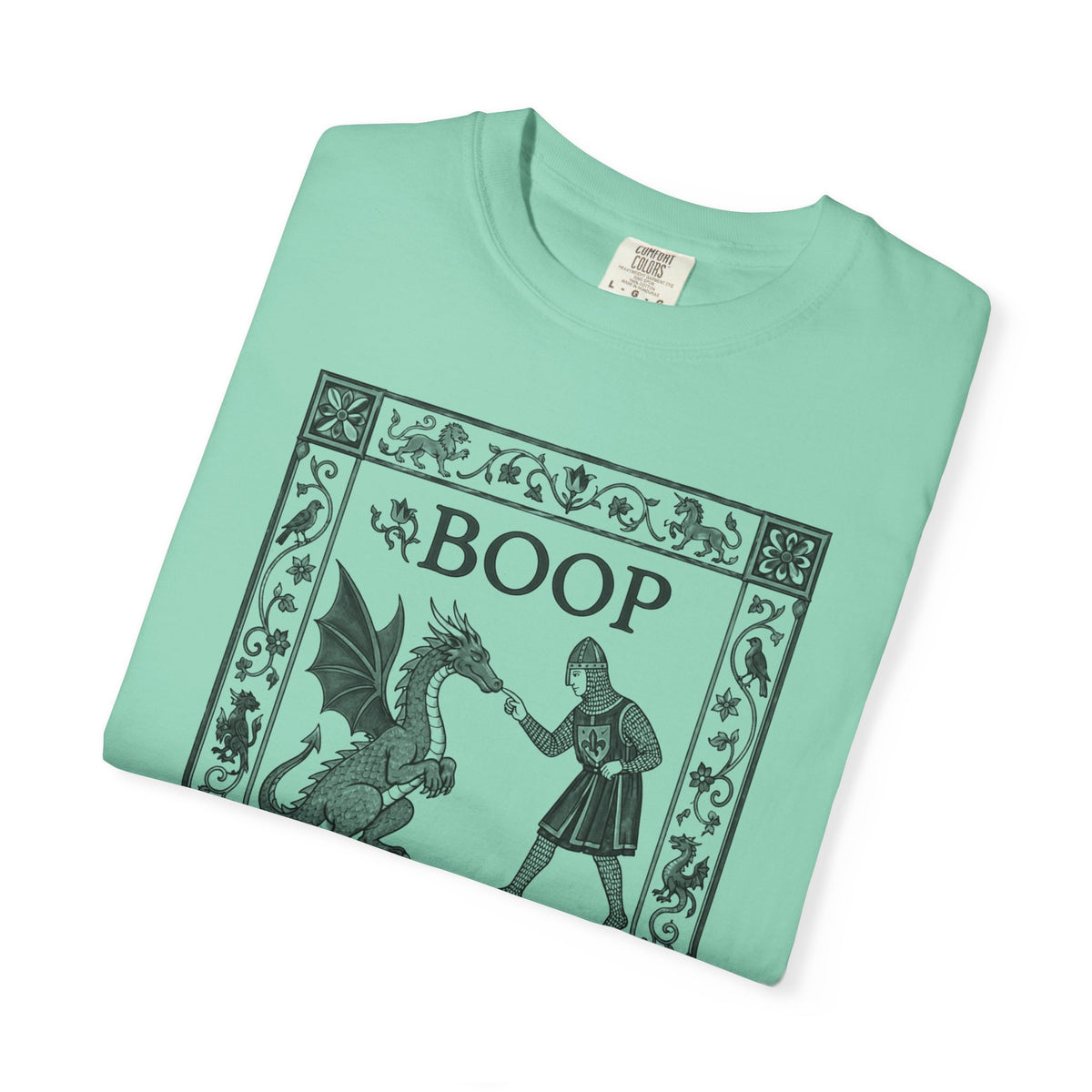 Boop Dragon T-Shirt in Island Reef — vintage illustration tee featuring an armored knight and winged dragon with ornate border and "BOOP" lettering

