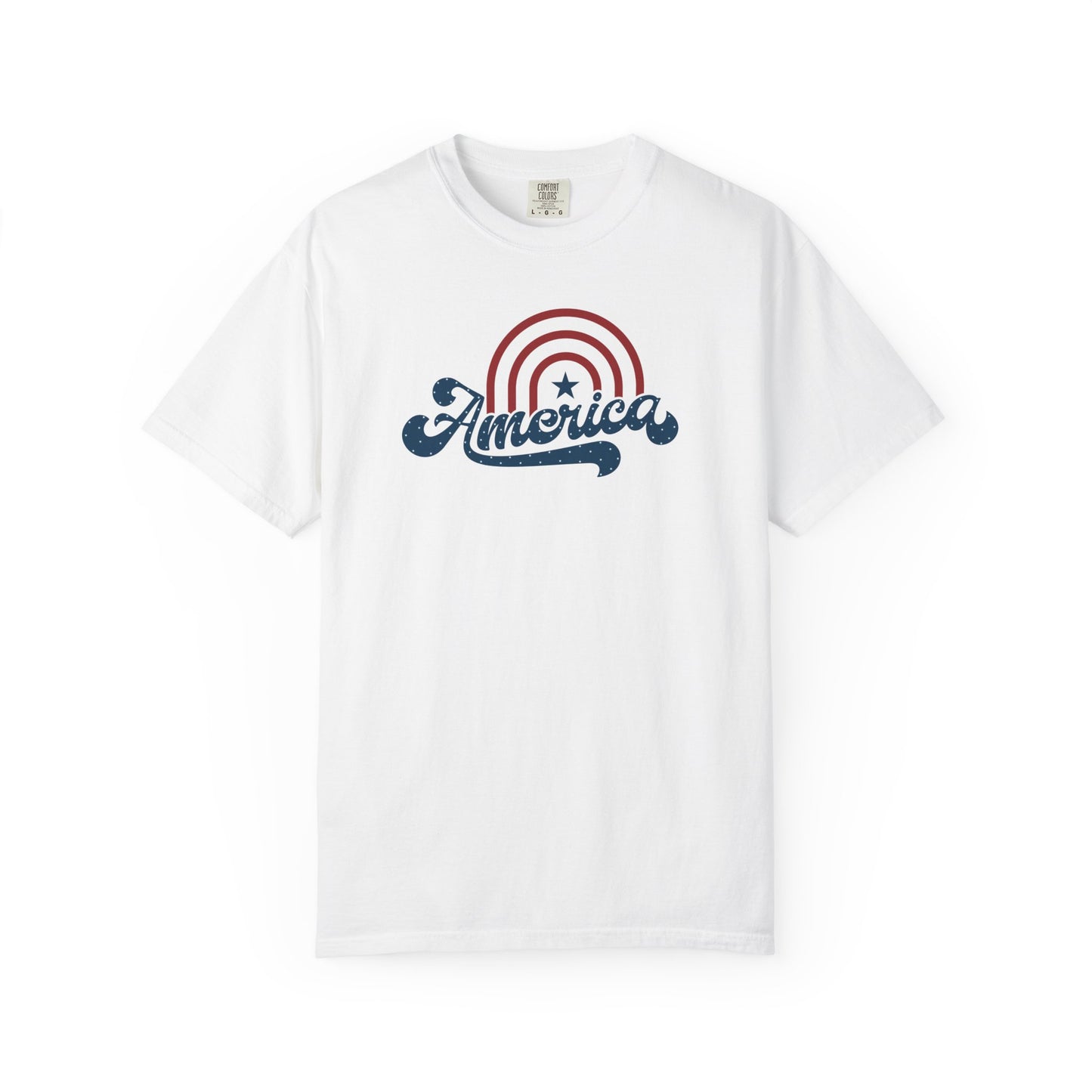 White t-shirt with 'America' graphic design on a white background