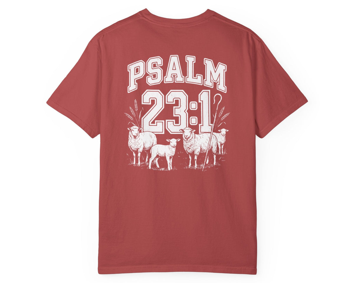 Crimson Psalm 23:1 faith shirt with shepherd graphic design and scripture text shown on model