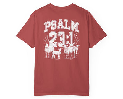 Crimson Psalm 23:1 faith shirt with shepherd graphic design and scripture text shown on model