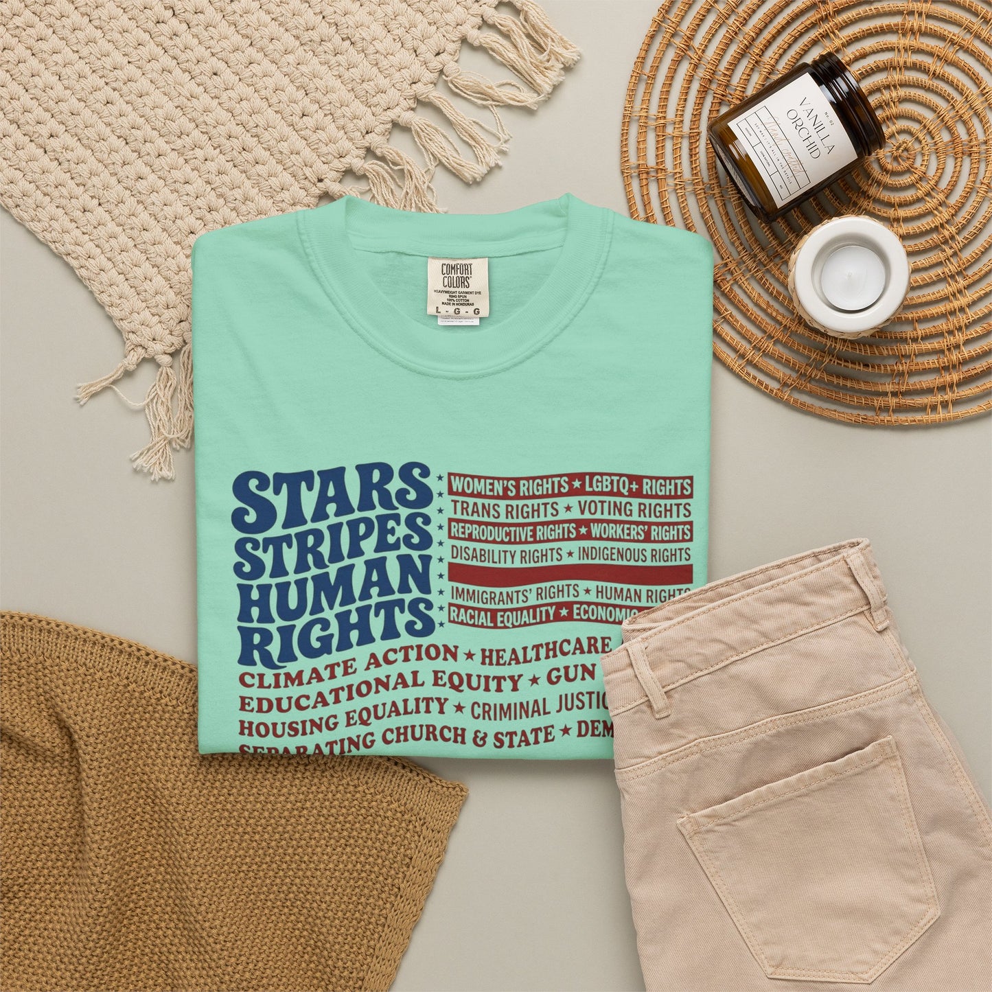 Island Reef garment-dyed Stars & Stripes Human Rights T-Shirt, patriotic social justice graphic tee in heavyweight ring-spun cotton