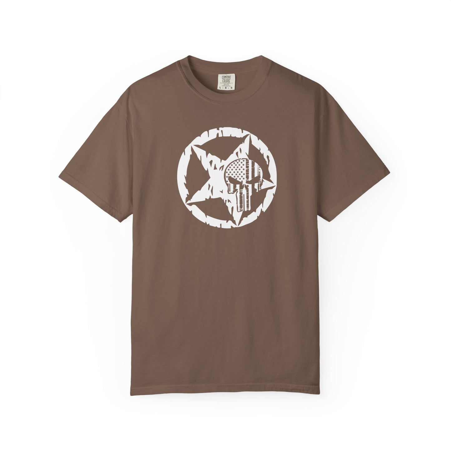 espresso t-shirt with white star and circle design on front, and Punisher skull design on back