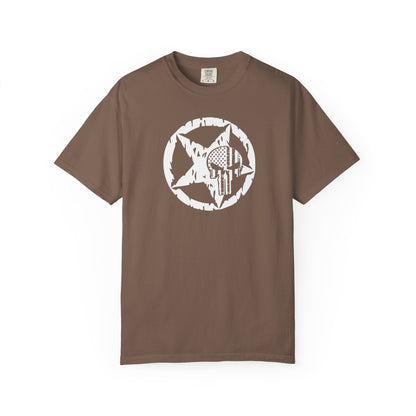 espresso t-shirt with white star and circle design on front, and Punisher skull design on back
