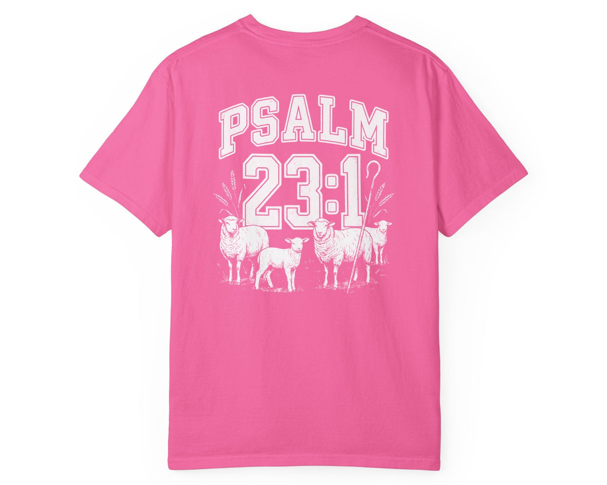 Neon Pink Psalm 23:1 faith shirt with shepherd graphic design and scripture text shown on model