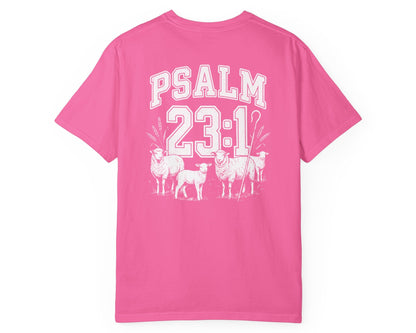 Neon Pink Psalm 23:1 faith shirt with shepherd graphic design and scripture text shown on model