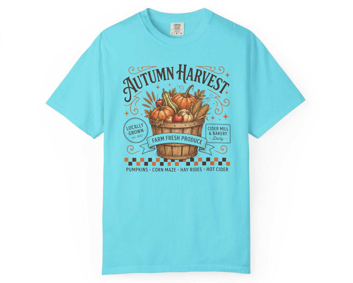 Autumn harvest pumpkin farm graphic tee in Lagoon Blue — heavyweight garment-dyed cotton t-shirt