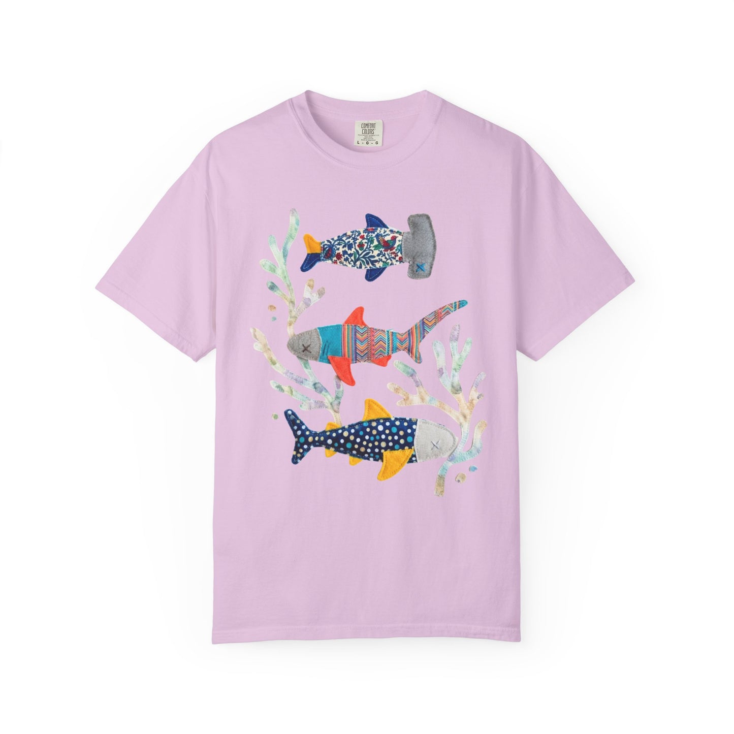 Faux patterned sharks graphic tee in Orchid showing the hand-painted shark illustration with tidepool textures — color mockup