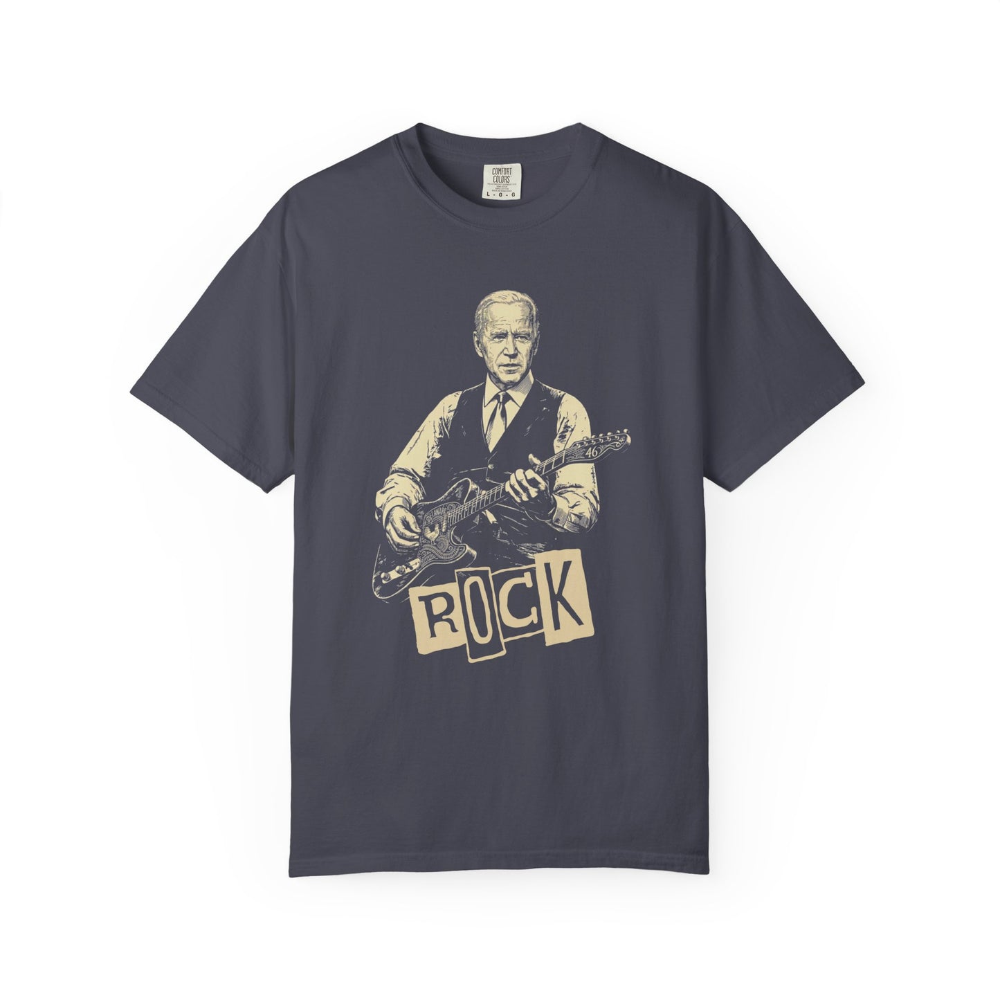 a navy t-shirt with a graphic of a president Biden playing guitar and the word 'ROCK'.