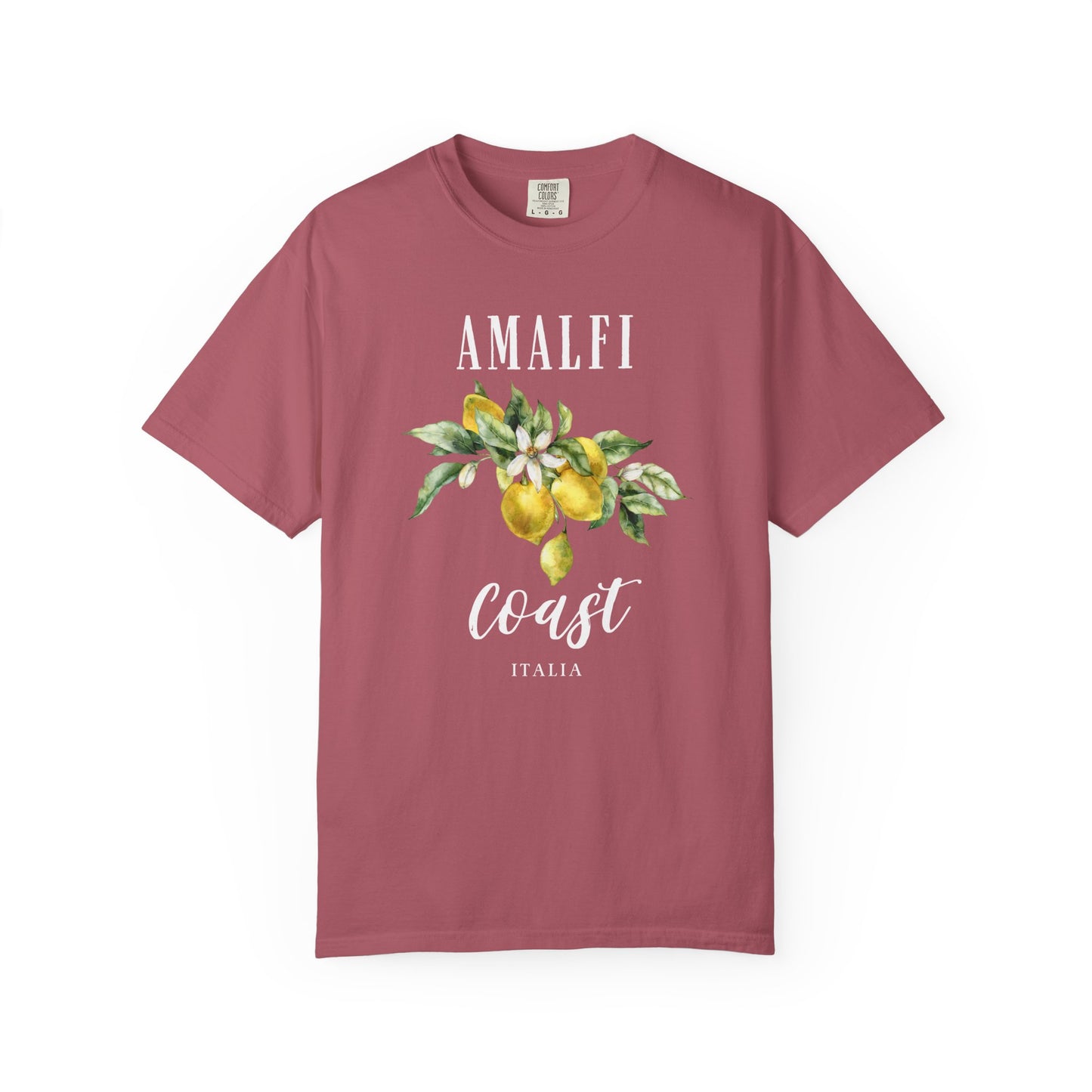 crimson t-shirt with 'Amalfi Coast Italia' design featuring lemons and leaves on a white background.