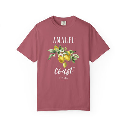 crimson t-shirt with 'Amalfi Coast Italia' design featuring lemons and leaves on a white background.