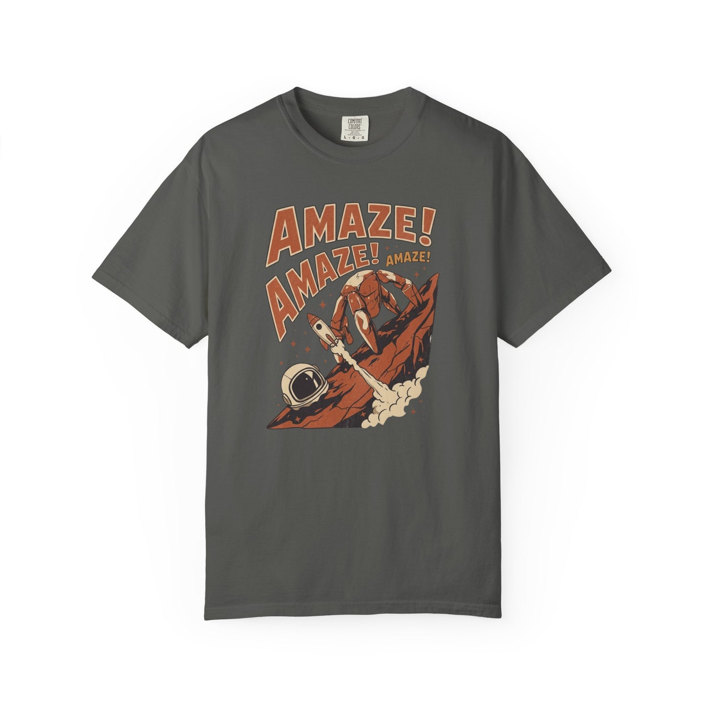 Amaze Rocky Comfort Colors Shirt in Pepper – sci-fi graphic tee, soft garment-dyed unisex fit