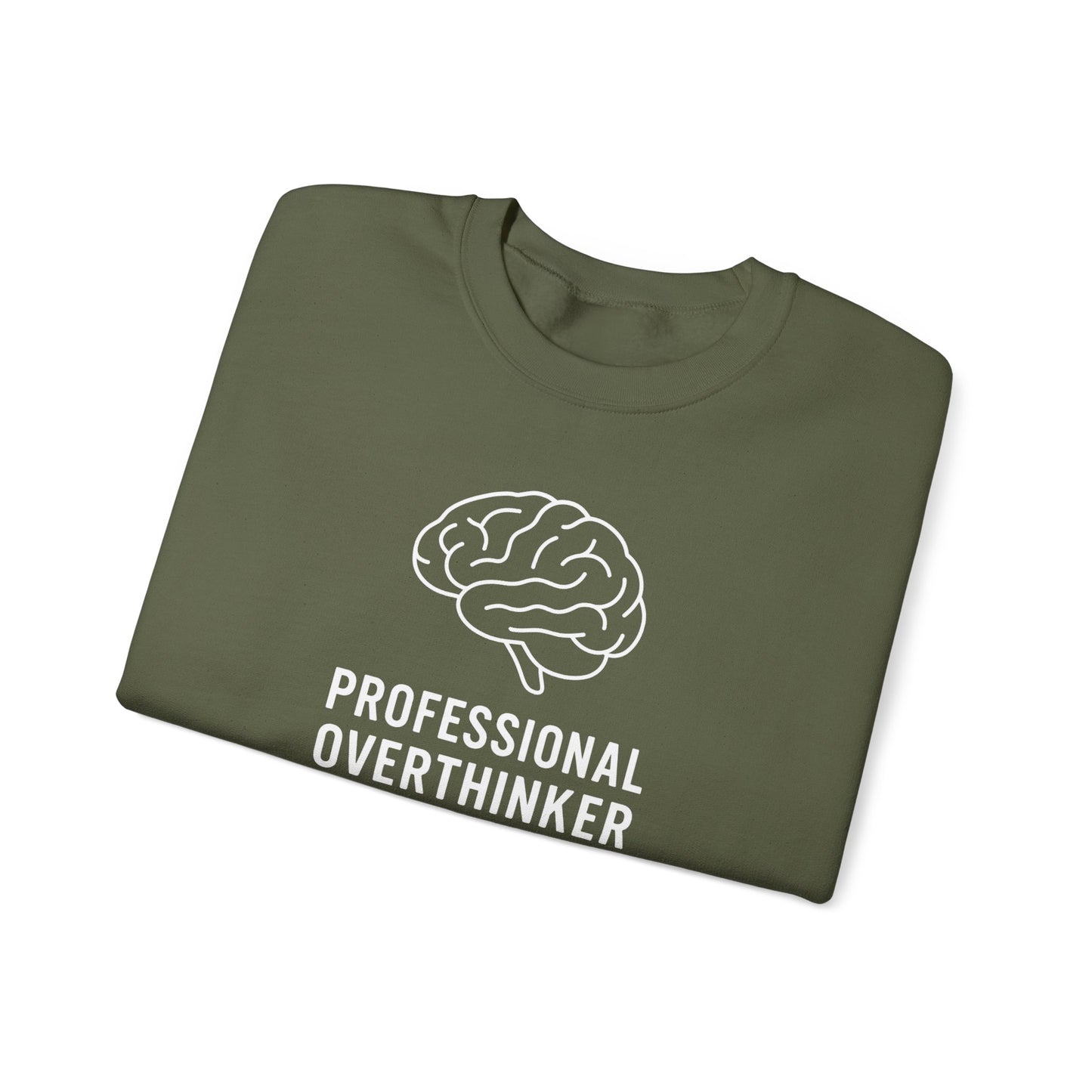 Folded military green t-shirt with a brain graphic and 'Professional Overthinker' text on a white background