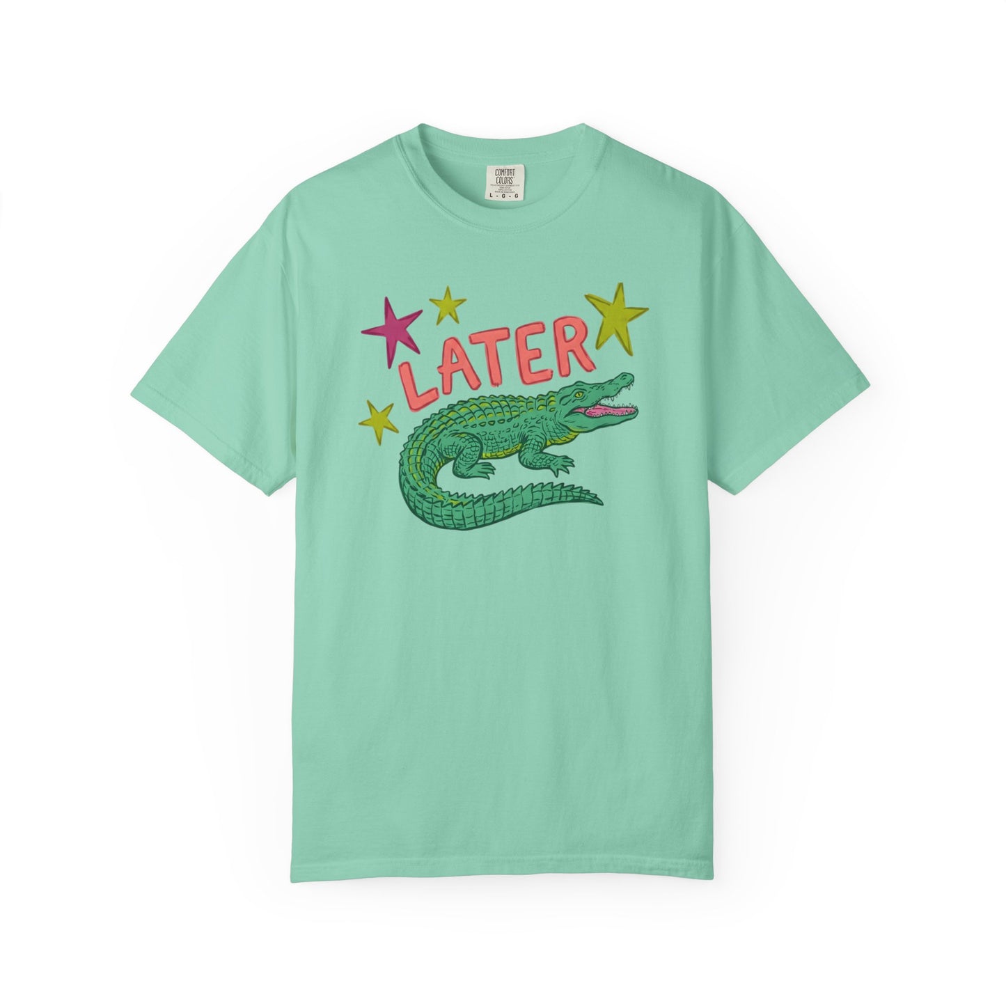 island reef  t-shirts with alligator graphics on front "later gator" and the text on back i"n a while crocodile"a plain background