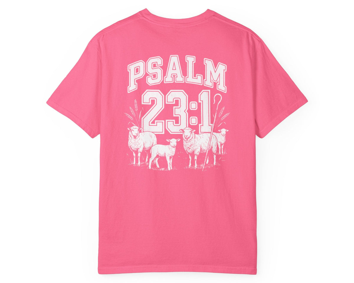 Crunchberry Psalm 23:1 faith shirt with shepherd graphic design and scripture text shown on model