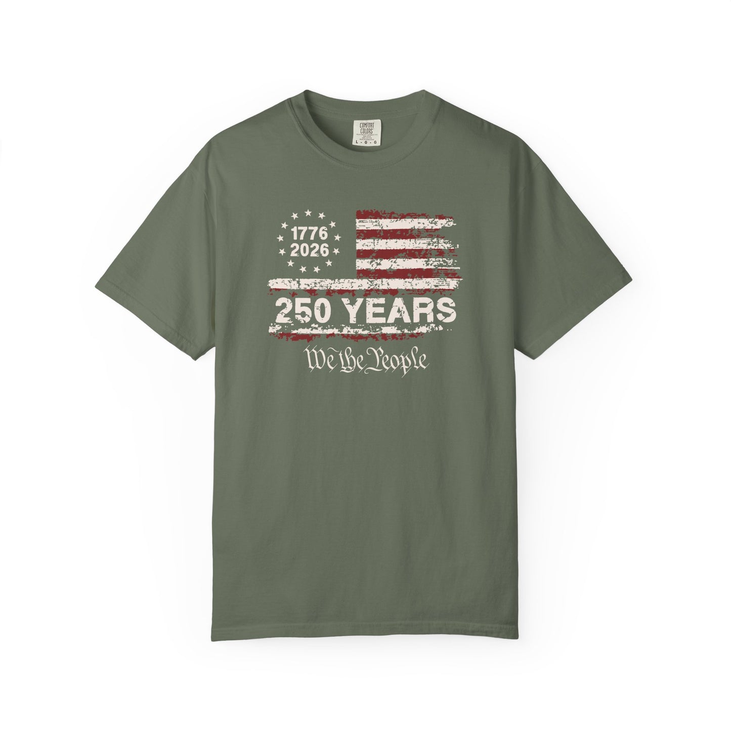 moss t-shirt with American flag design and text on a white background