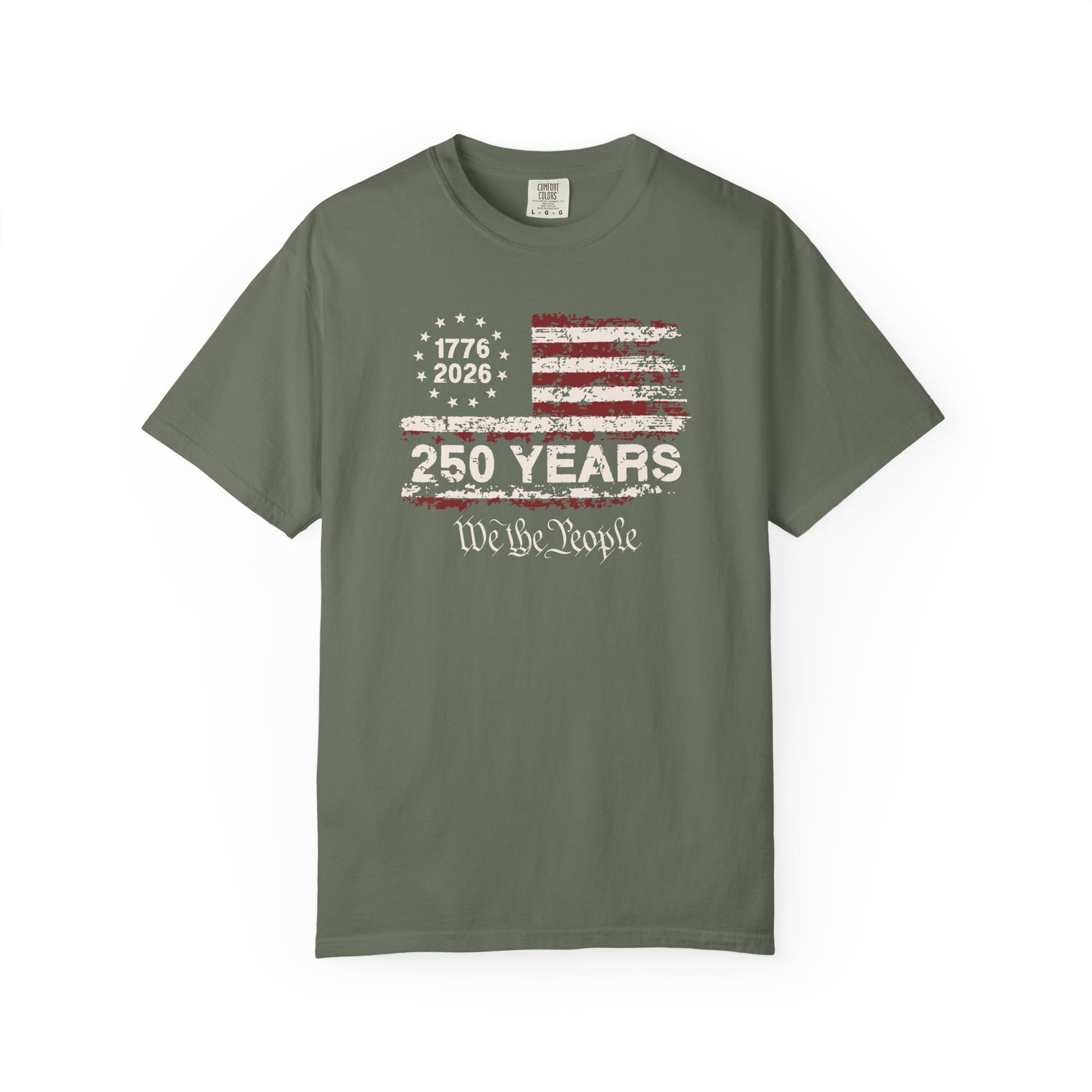 moss t-shirt with American flag design and text on a white background