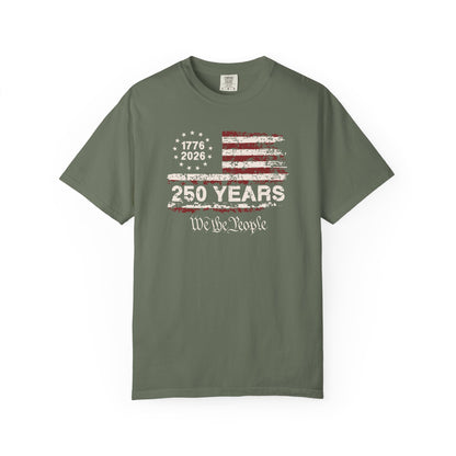 moss t-shirt with American flag design and text on a white background