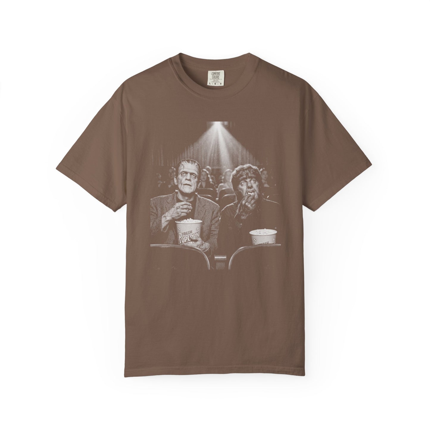 Frankenstein & Wolf Man Scary Movie Night T-Shirt in Espresso — garment-dyed horror movie tee
