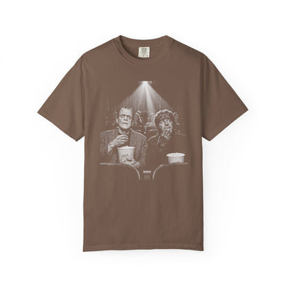 Frankenstein & Wolf Man Scary Movie Night T-Shirt in Espresso — garment-dyed horror movie tee
