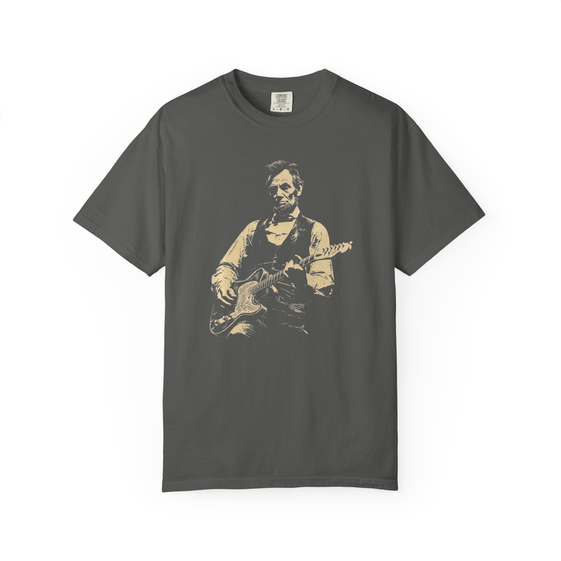 pepper t-shirt with a design of president lincoln playing a guitar on a white background 