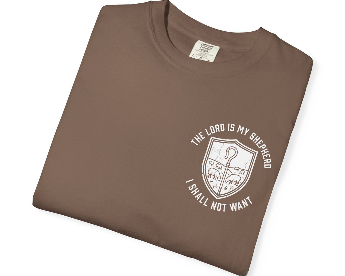 Espresso Psalm 23:1 faith shirt with shepherd graphic design and scripture text shown on model