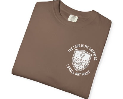 Espresso Psalm 23:1 faith shirt with shepherd graphic design and scripture text shown on model