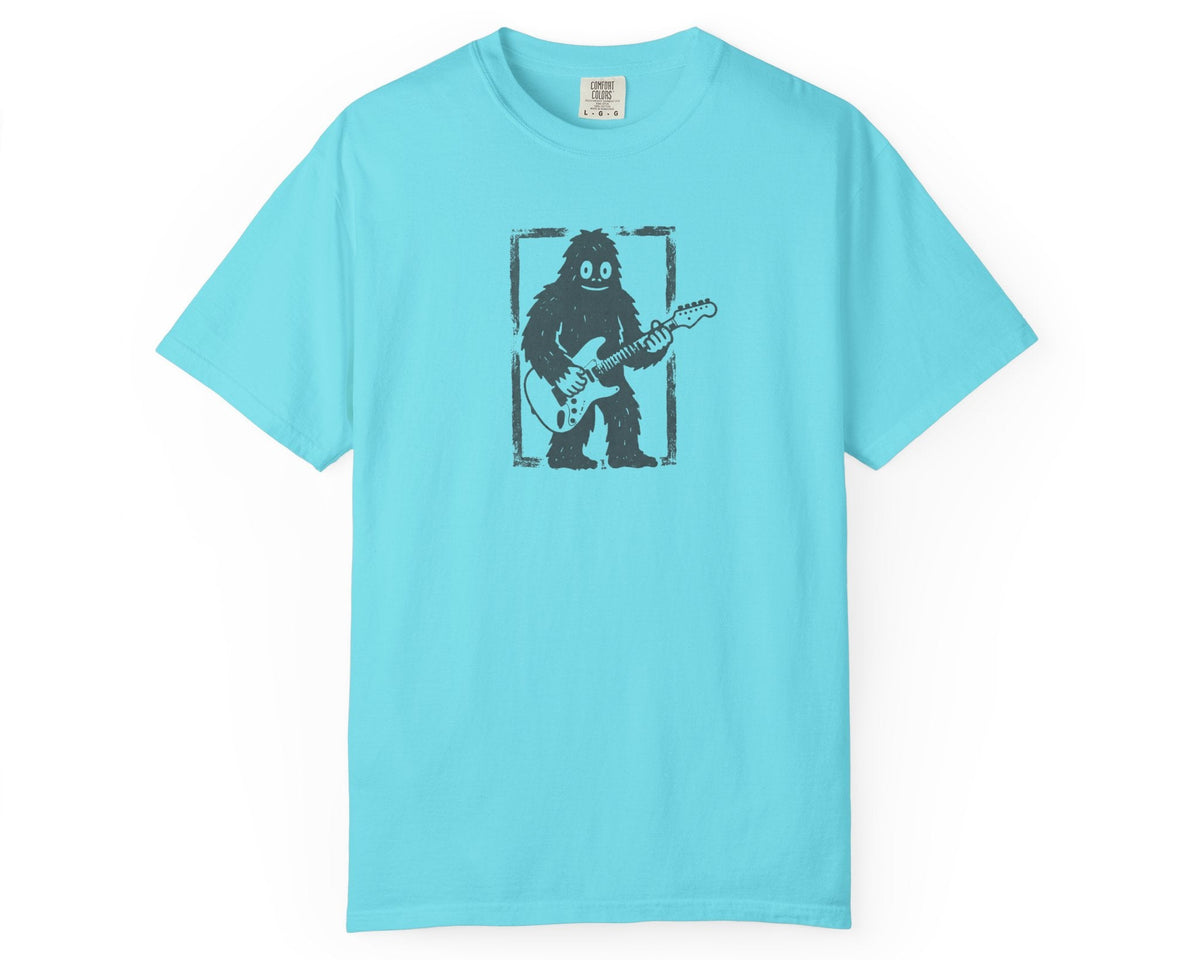Lagoon Blue garment-dyed Bigfoot guitar graphic tee, heavyweight ring-spun cotton vintage band shirt