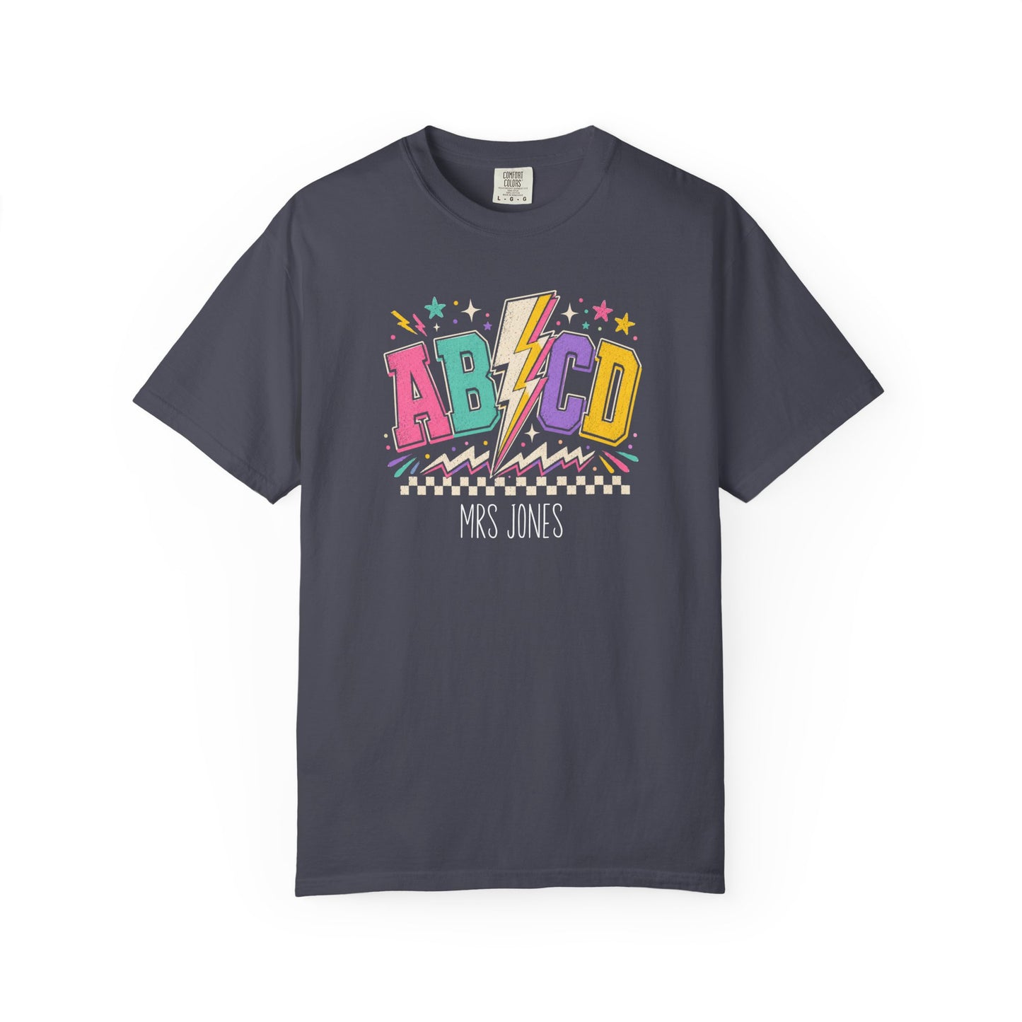 Navy blue t-shirt with colorful 'ABCD' design and text on a white background