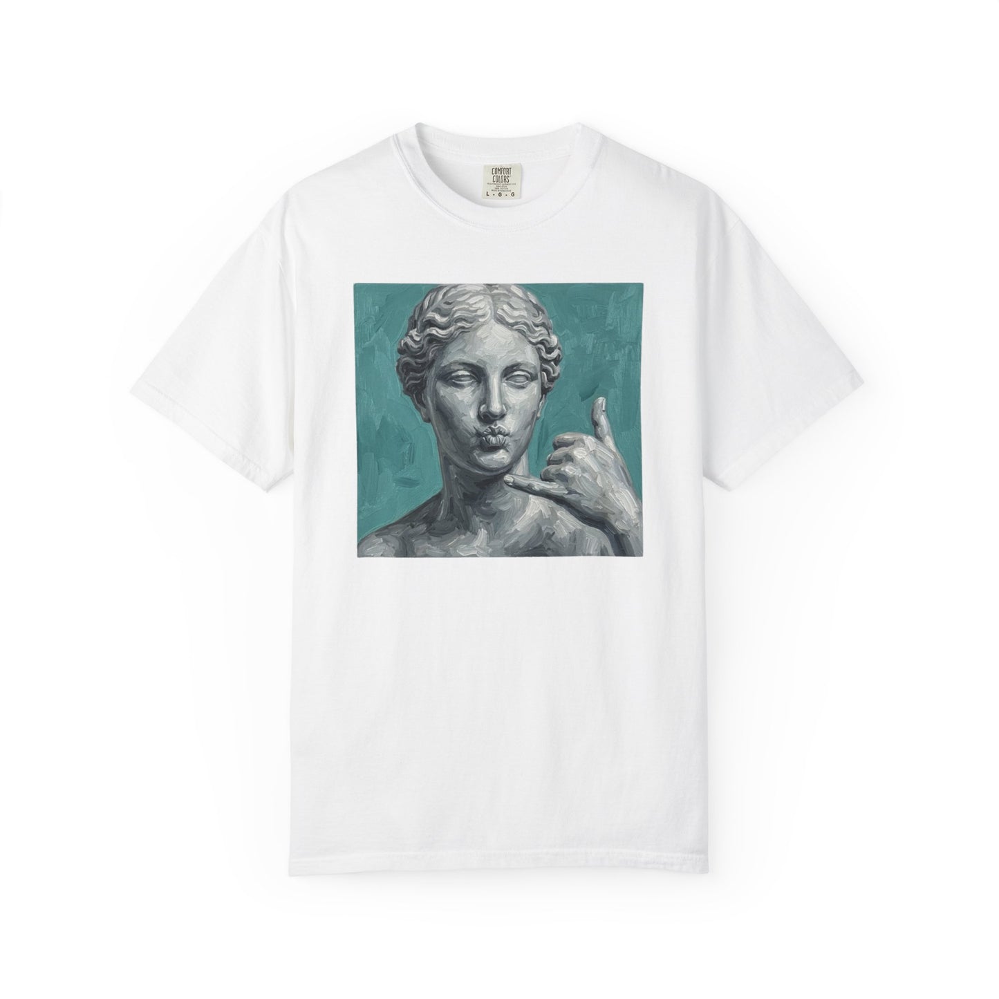 Classical Statue Call Me t-shirt in White — funny art shirt garment-dyed cotton
