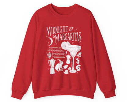 Midnight Margaritas crewneck sweatshirt in Red — front cocktail graphic and occult cottagecore symbols on back, including COEXIST