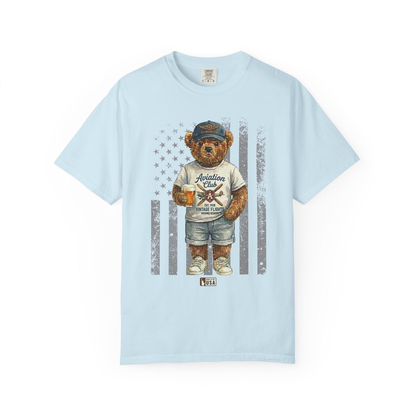 chambray t-shirt with a teddy bear graphic on a white background
