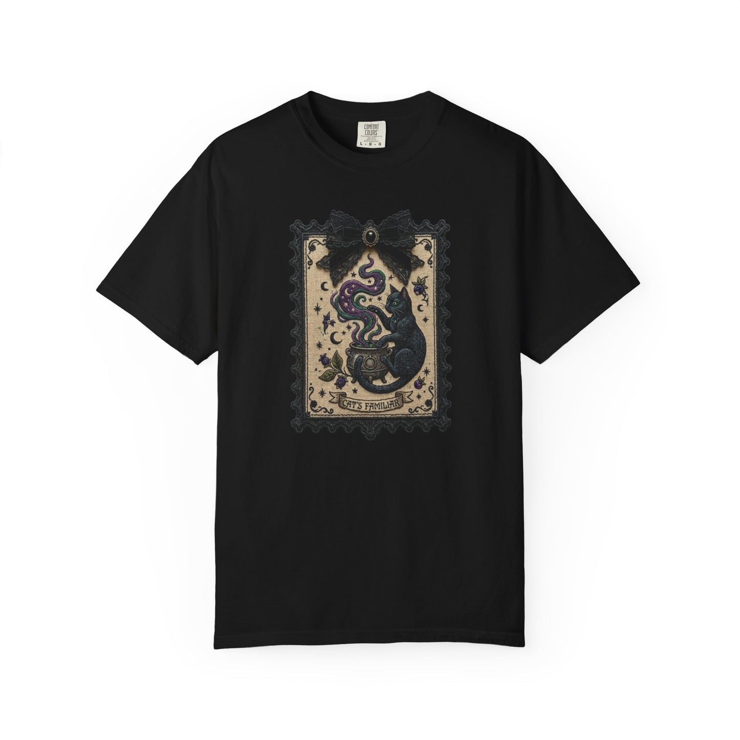 Vintage Black Cat Faux Tarot Stamp T-Shirt in Black — faux tarot stamp print, soft garment dyed tee